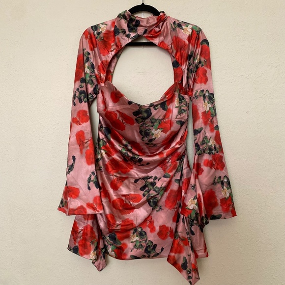House of CB ‘Toira’ Satin Rose Print draped corset mini dress NWOT size L - Picture 2 of 15